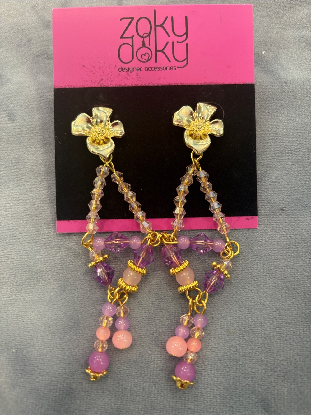 Gold Floral Drop Earrings with Pink and Purple Beads-NWT